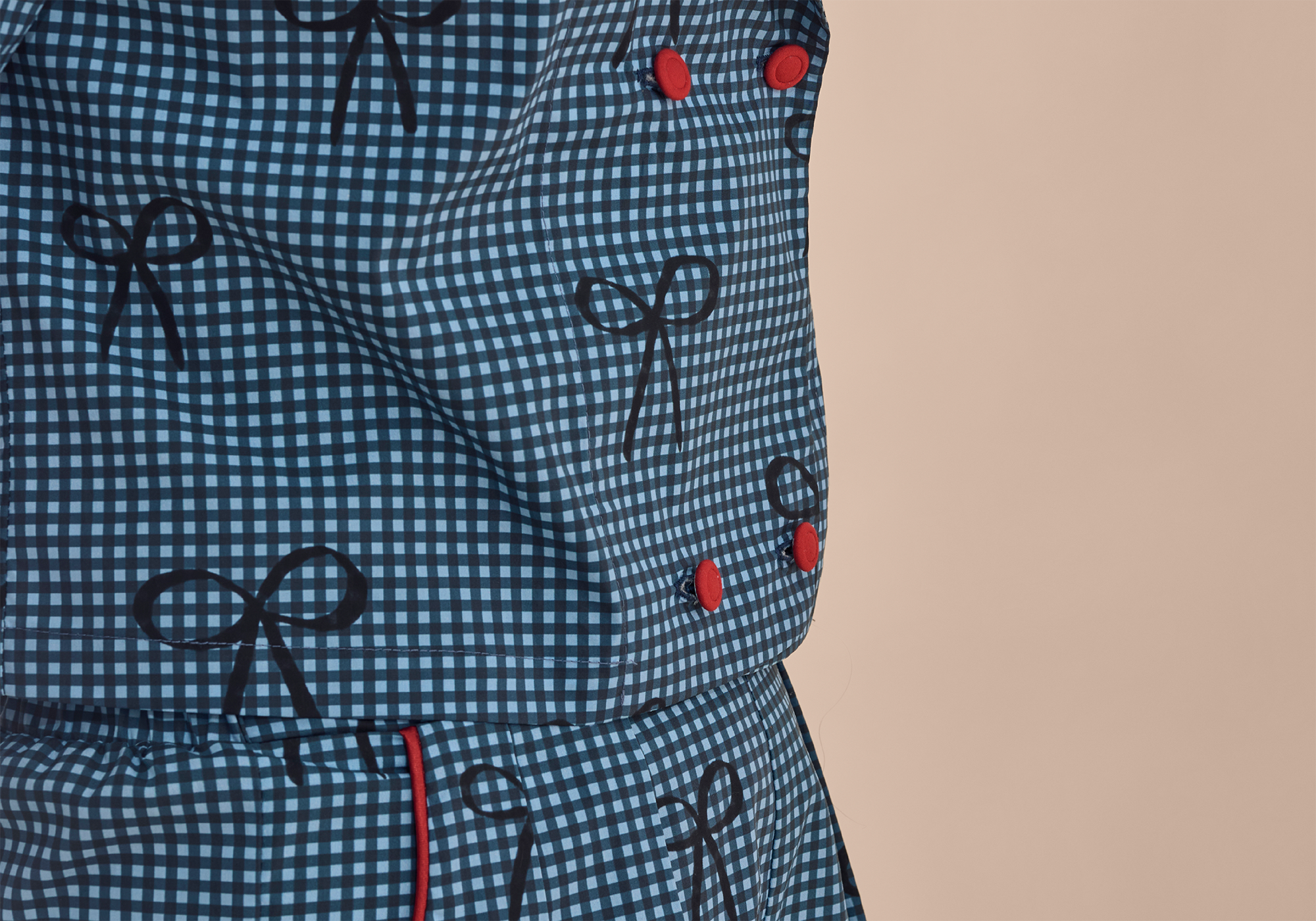 Close up of blue and black check blouse with red buttons and bow pattern