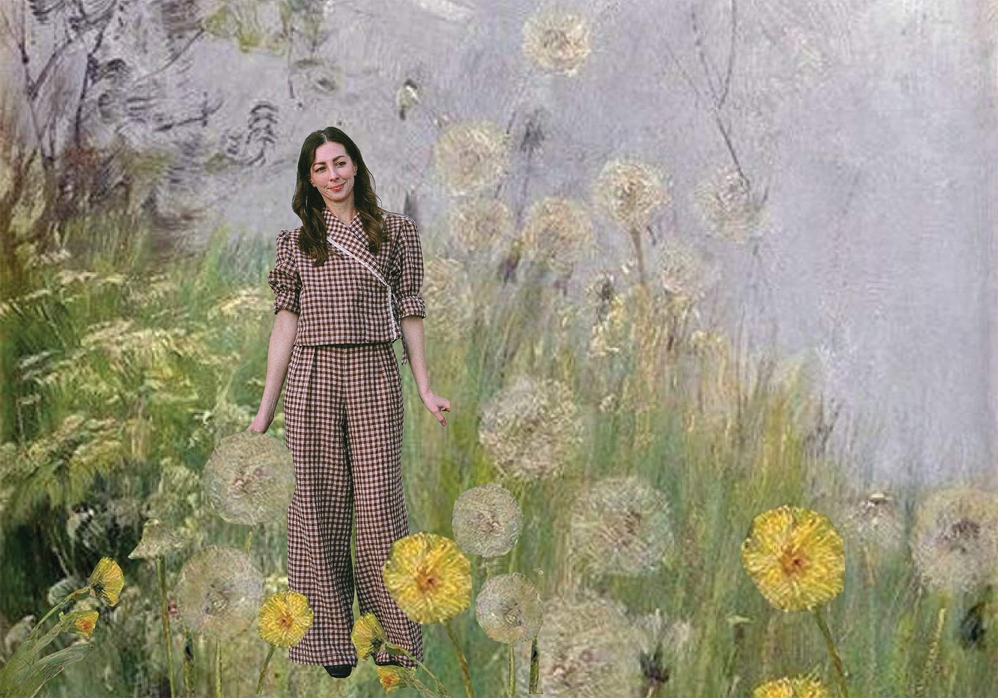Woman in a chocolate gingham PJ set  standing in a field of flowers with a painting effect.