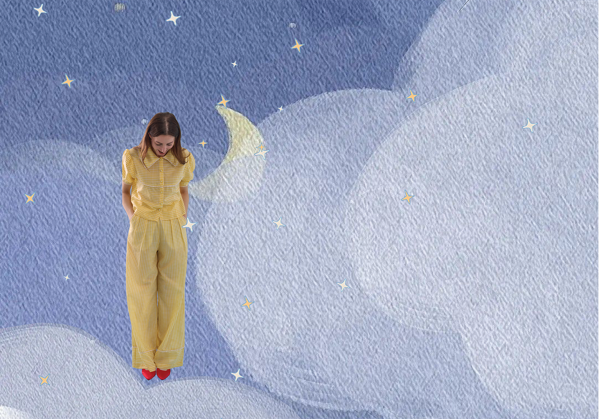 Young woman in a yellow gingham PJ set standing on a cloud with a starry night sky background